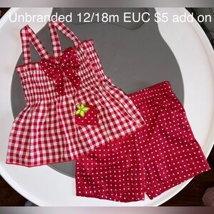 Red Smocked Gingham Polka Dot Baby Outfit with Strawberry Appliqué Bow